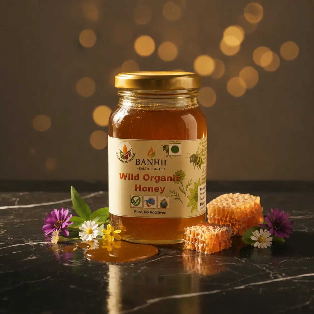 Jar of wild organic honey, 500 grams, showing golden honey texture.