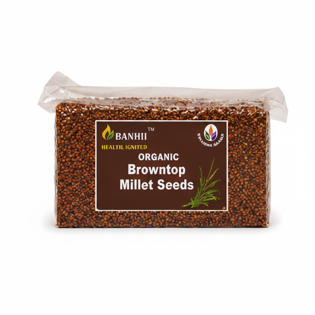 Organic browntop millet seeds in a 500g bag