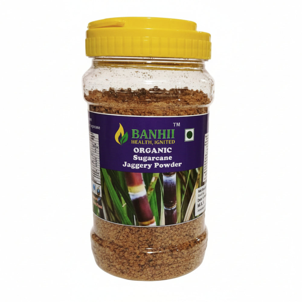 Organic jaggery powder in 500g pouch, unrefined cane sugar alternative for cooking