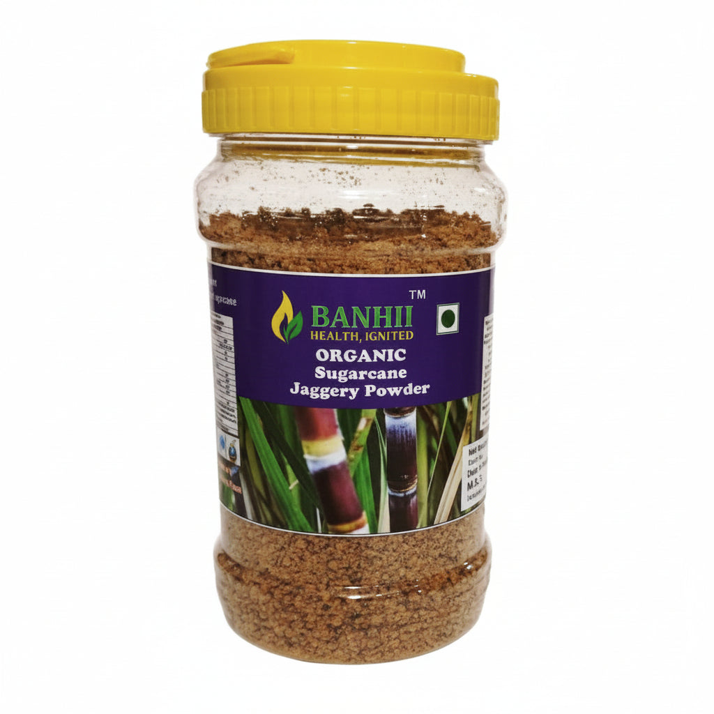 Organic jaggery powder in 500g pouch, unrefined cane sugar alternative for cooking