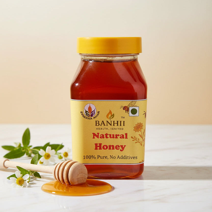 Golden natural honey in a glass jar, 500g