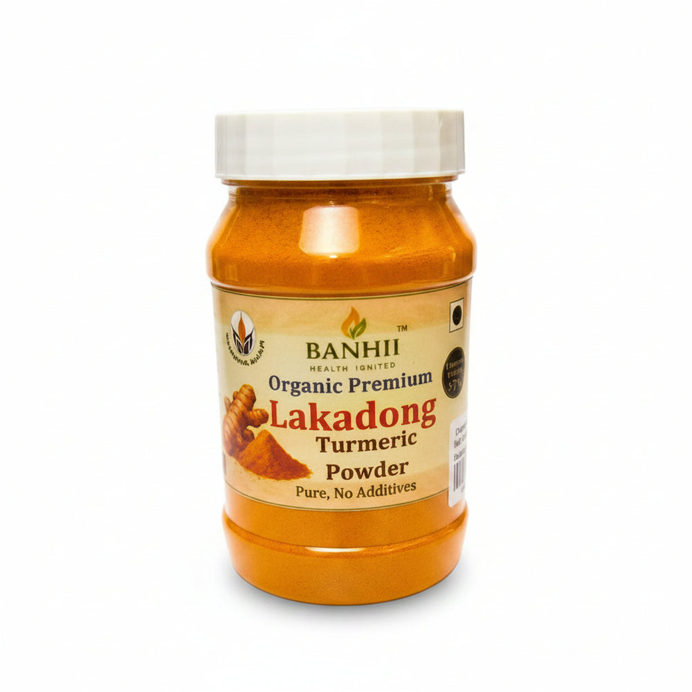 Lakadong turmeric powder in a 150g pack, golden yellow spice