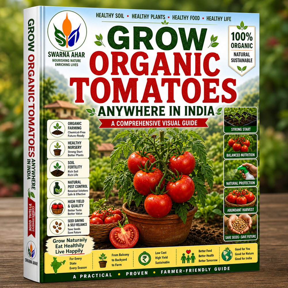E-book cover for growing organic tomatoes in India, comprehensive visual guide