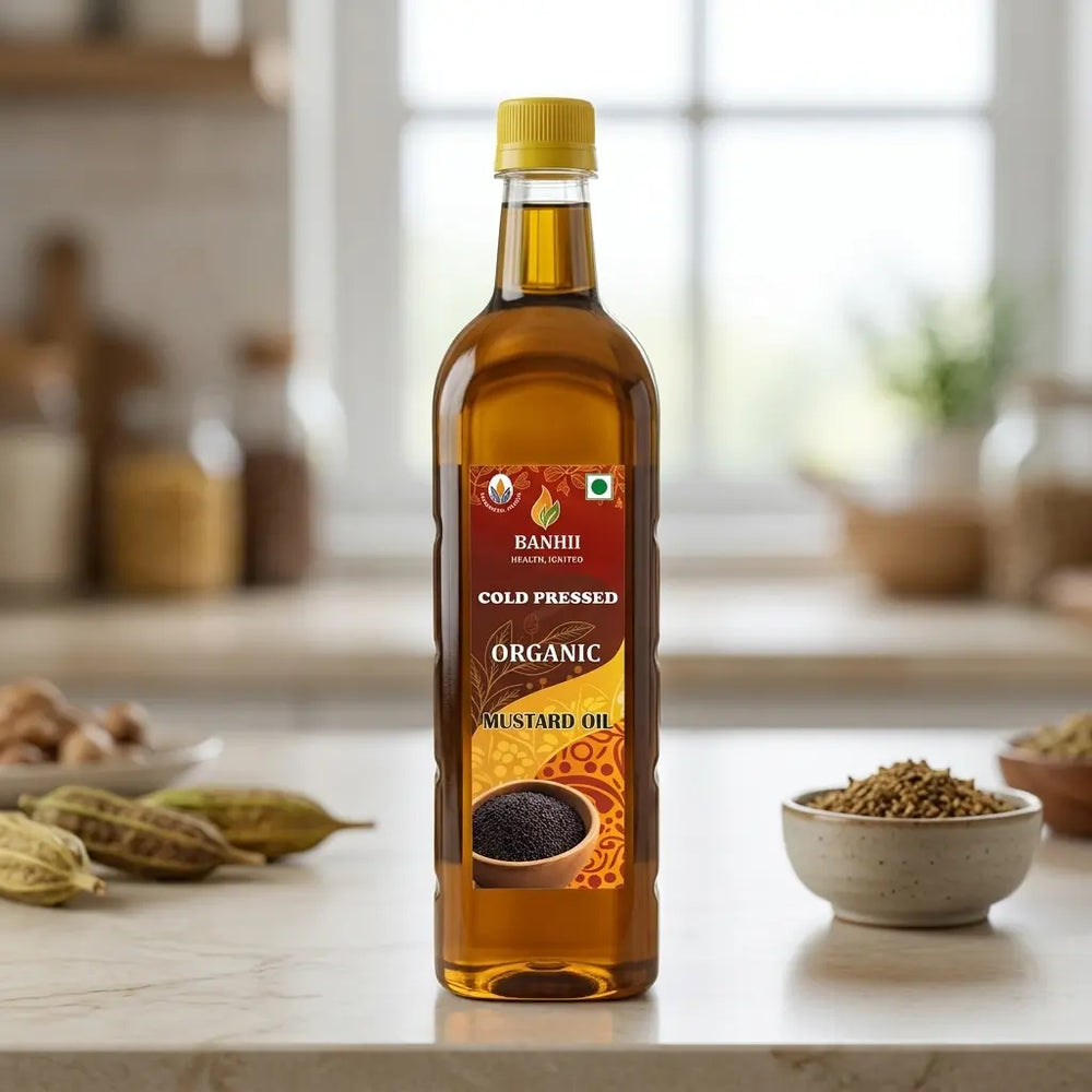 Organic mustard oil in a 1 liter bottle