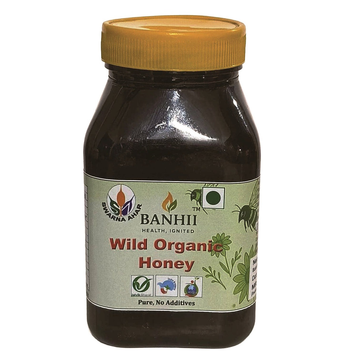Jar of wild organic honey, 500 grams, showing golden honey texture.