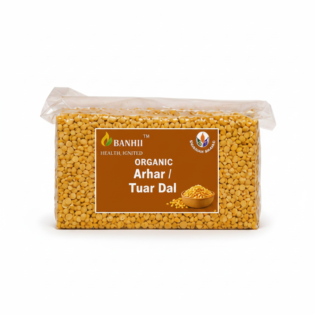 Organic split pigeon peas (arhar/tuar dal) in a 500g pouch